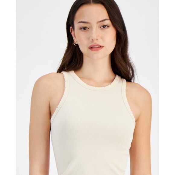 Planet Heart Juniors Distressed Ribbed Seamless Tank Top, Tan, S - Picture 3 of 4